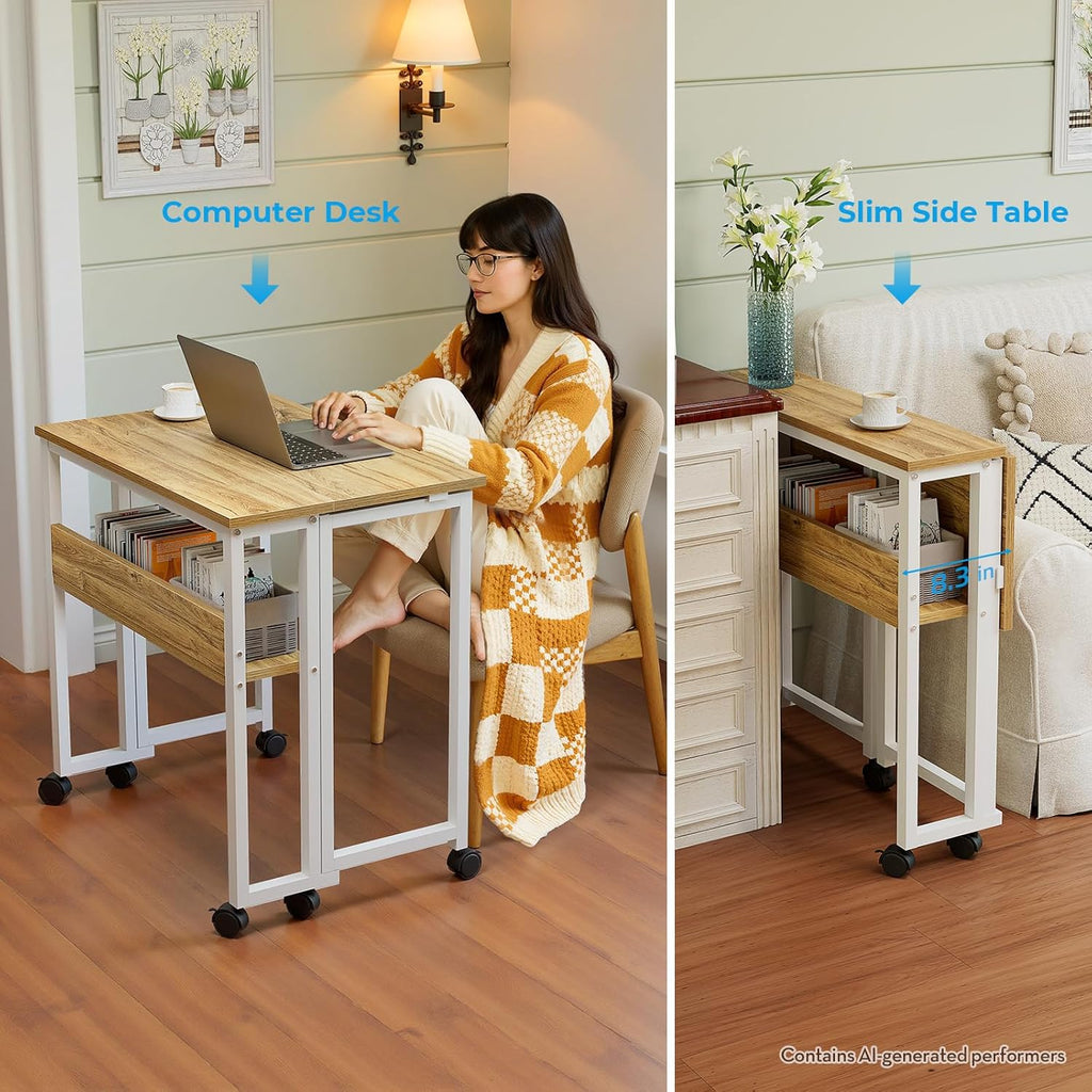 GreenForest Folding Desk with Wheels, 24.8 Inch Compact Rolling Computer Table with Storage Shelf, Portable Mobile Workstation for Small Spaces, Easy Assembly, Oak