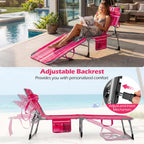 Goplus Tanning Chair, Folding Beach Lounge Chair with Face &Arm Hole, Position Adjustable,Removable Pillow,Side Pocket, Sunbathing Chair, Portable Outdoor Lounge Chair for Patio Pool (2, Pink Stripe)