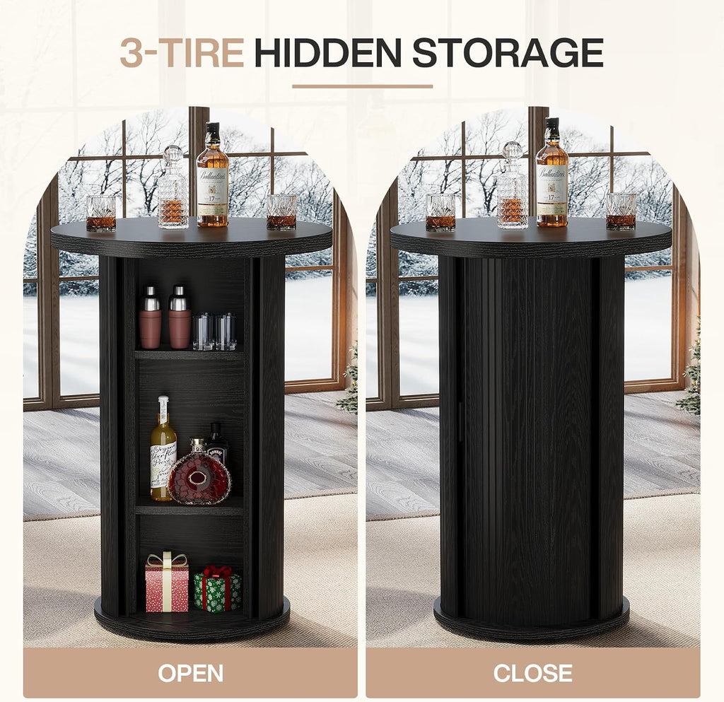 Tribesigns Round Bar Table, 35.4" Bar Height Bistro Pub Table with 3-Tier Hidden Storage & Slide Door, Wood High Top Cocktail Table for Home Bar, Kitchen, Small Space