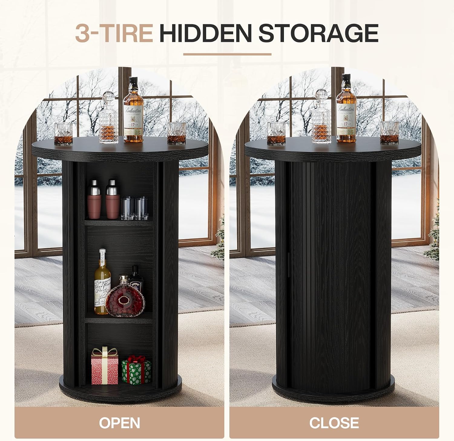 Tribesigns Round Bar Table, 35.4" Bar Height Bistro Pub Table with 3-Tier Hidden Storage & Slide Door, Wood High Top Cocktail Table for Home Bar, Kitchen, Small Space