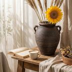 Vintage Terracotta Vase with Dual Handles, Rustic Distressed Ceramic Vase, Large Textured Pottery for Boho Farmhouse Decor, Table Centerpiece,Dried Floral Arrangements