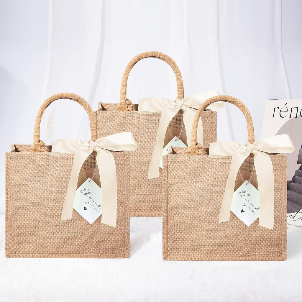 6 Pack Burlap Tote Bags with Handles Reusable Medium Jute Gift Bags with Light Beige Silk Ribbons Waterproof Lining for Wedding Bridesmaid Mother's Day Bachelorette Beach Party