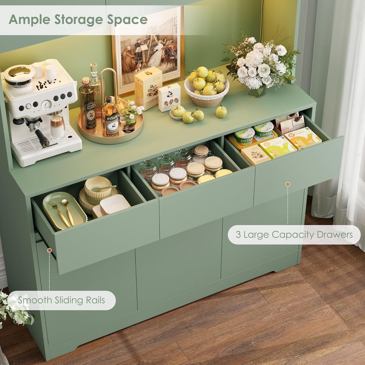 FINETONES 71" Pantry Cabinet with Power Outlets and Led Lights, Large Kitchen Hutch Storage with Microwave Stand, Tall Pantry Kitchen Cabinet with Cupboard, Green
