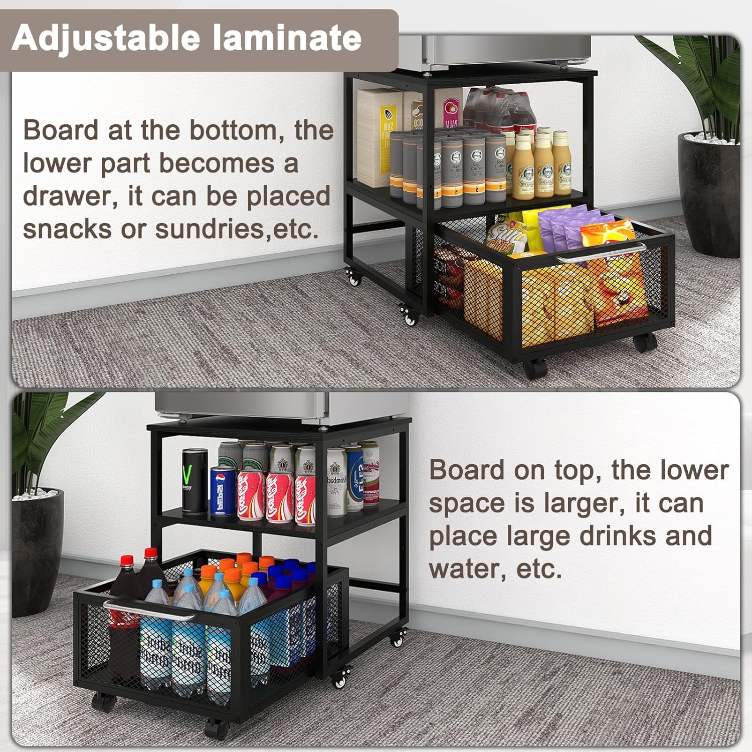 PUNCIA 19.7"x19.7" Mini Fridge Stand 3-Tier Beverage Fridge Table, Black | 220-LB Capacity Beverage Refrigerator Table, Heavy Duty Rolling Organizer with Drawers for Dorm Apartment Office Bedroom