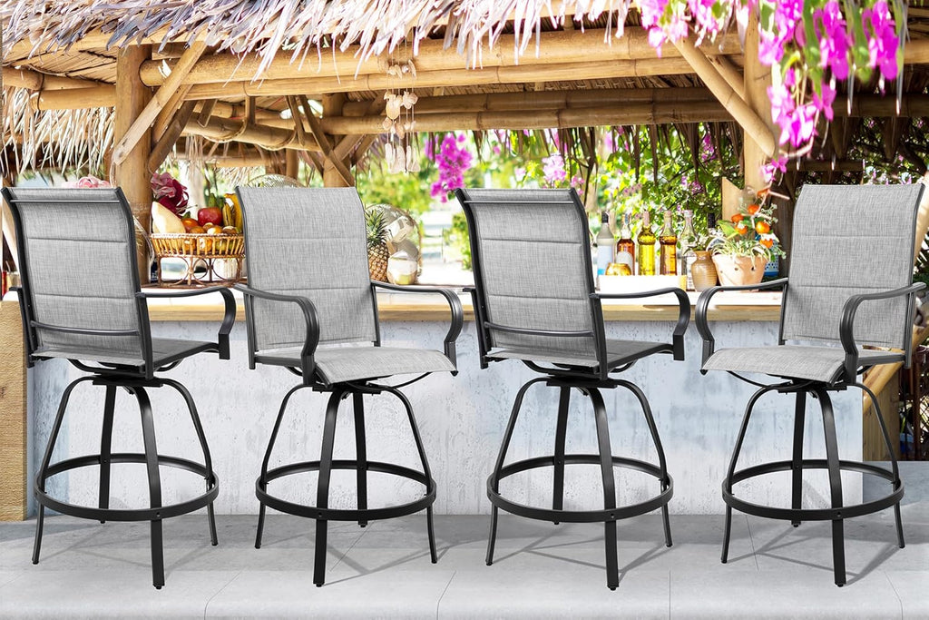 Shintenchi 4 Piece Patio Swivel Bar Chairs, All Weather Padded Textile Outdoor Metal Bar Stools Patio Chairs Set of 4, High Top Bistro Set Furniture for Balcony, Backyard, Lawn Garden, Deck,Light Grey