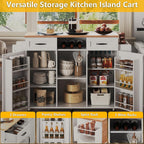 knoworld 51.5'' Rolling Kitchen Island with Storage Cabinet & Drawers, Drop Leaf Kitchen Cart on Wheels, Farmhouse Portable Mobile Islands, Large Butcher Block Table with Tower/Spice Rack, White