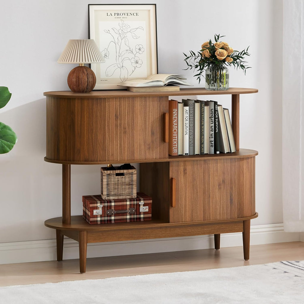 42.5'' Buffet Cabinet with 2 Open Storage, Oval Sideboard Cabinet with Sliding Doors Modern Accent Coffee Bar Wood Kitchen Storage Cabinets for Kitchen, Living Room, Hallway (Walnut)