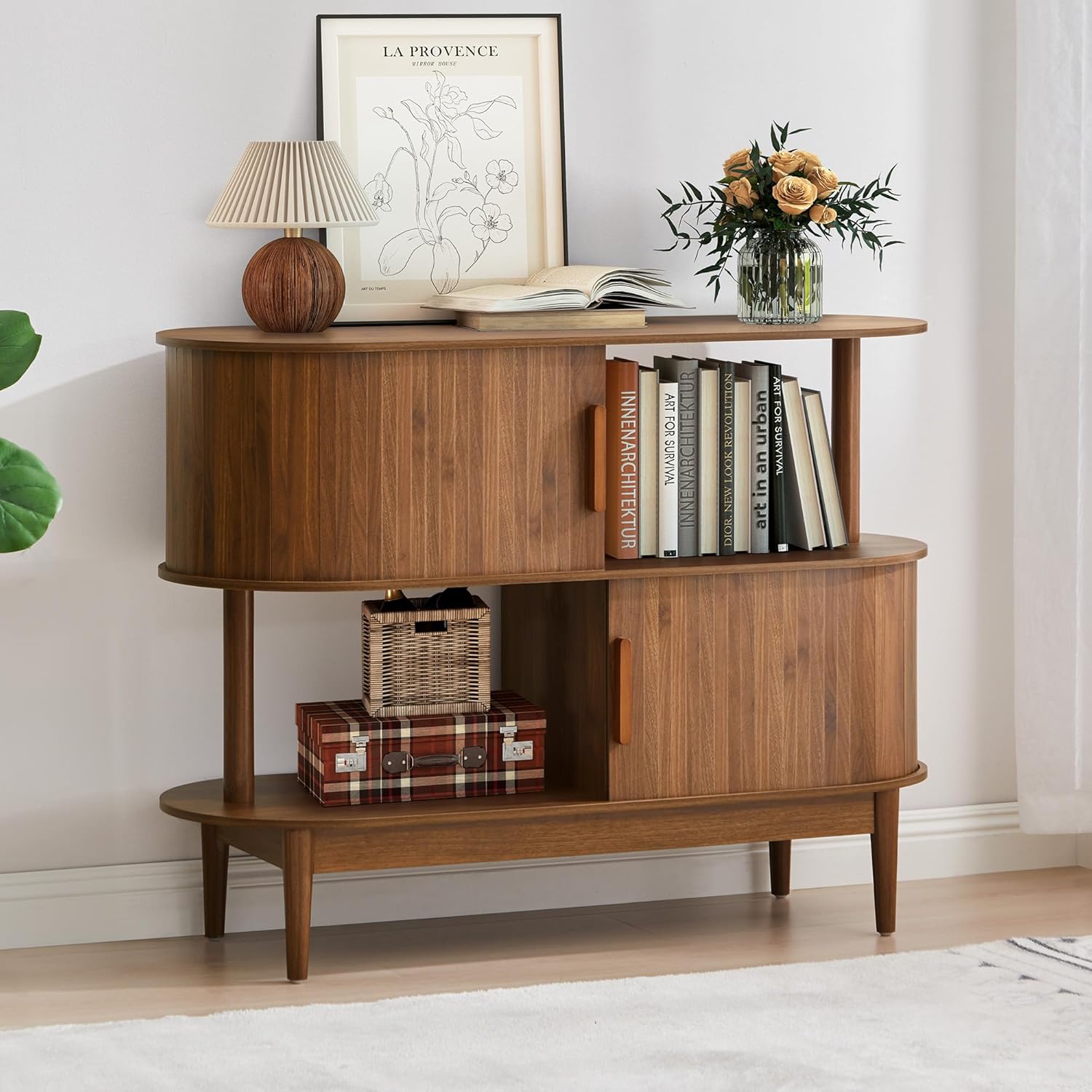 42.5'' Buffet Cabinet with 2 Open Storage, Oval Sideboard Cabinet with Sliding Doors Modern Accent Coffee Bar Wood Kitchen Storage Cabinets for Kitchen, Living Room, Hallway (Walnut)