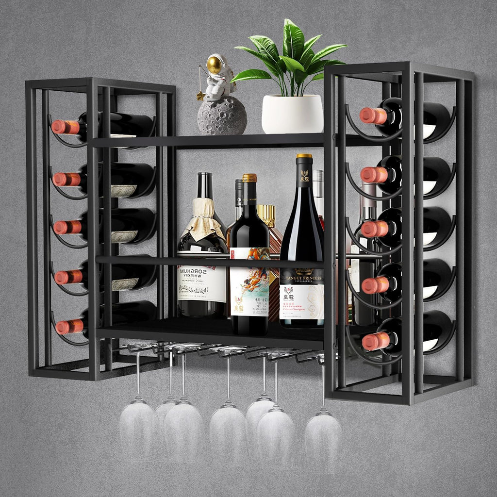 Wall Mount Wine Racks with Glass Holder, Metal Bottle Holder Glass Rack Wall Mount, 2-Tiers Multipurpose Metal Shelf for Home Bar, Kitchen, Dining Room (Black)