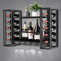 Wall Mount Wine Racks with Glass Holder, Metal Bottle Holder Glass Rack Wall Mount, 2-Tiers Multipurpose Metal Shelf for Home Bar, Kitchen, Dining Room (Black)