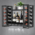 Wall Mount Wine Racks with Glass Holder, Metal Bottle Holder Glass Rack Wall Mount, 2-Tiers Multipurpose Metal Shelf for Home Bar, Kitchen, Dining Room (Black)