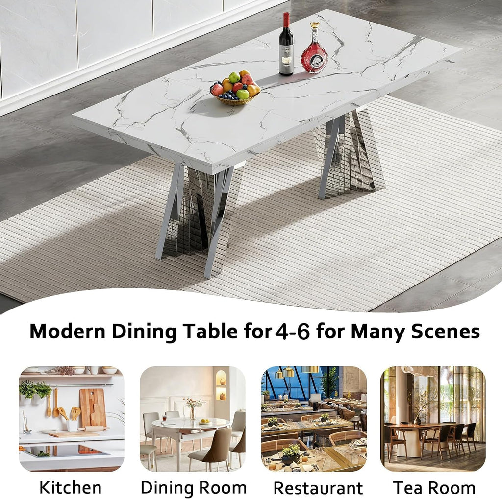 70" Faux Marble White Silver Dining Table for 6, Modern Dining Room Table with 0.71" Marble Printing MDF Top and Flash-Shaped Stainless Steel Base,Rectangular Large Kitchen Dinner Table