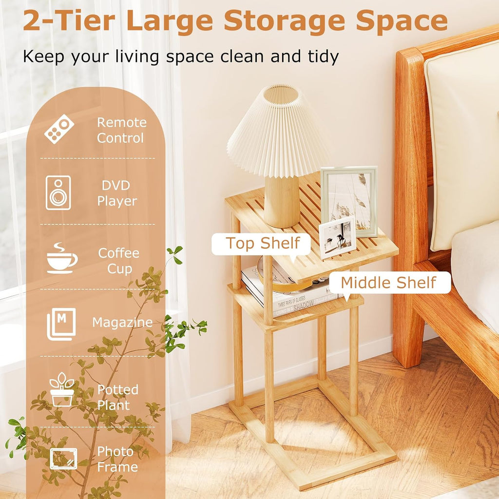 Giantex Bamboo Side Table Set of 2, 3-Tier Narrow End Table with Storage Shelves, Accent Sofa Couch Bedside Table, Boho Night Stand for Living Room Bedroom Small Spaces (16’’L x 11’’W x 25.5’’H)