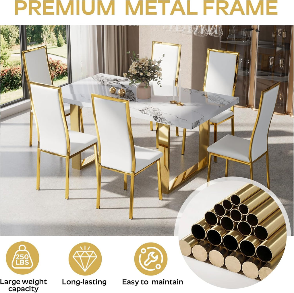 Modern Dining Chairs Set of 4 White Faux Leather with Chrome Gold Metal Legs, Curved High Back Design & Cloud Cushioning, Mid-Century Kitchen Chairs with Non-Slip Feet (Easy Assembly)