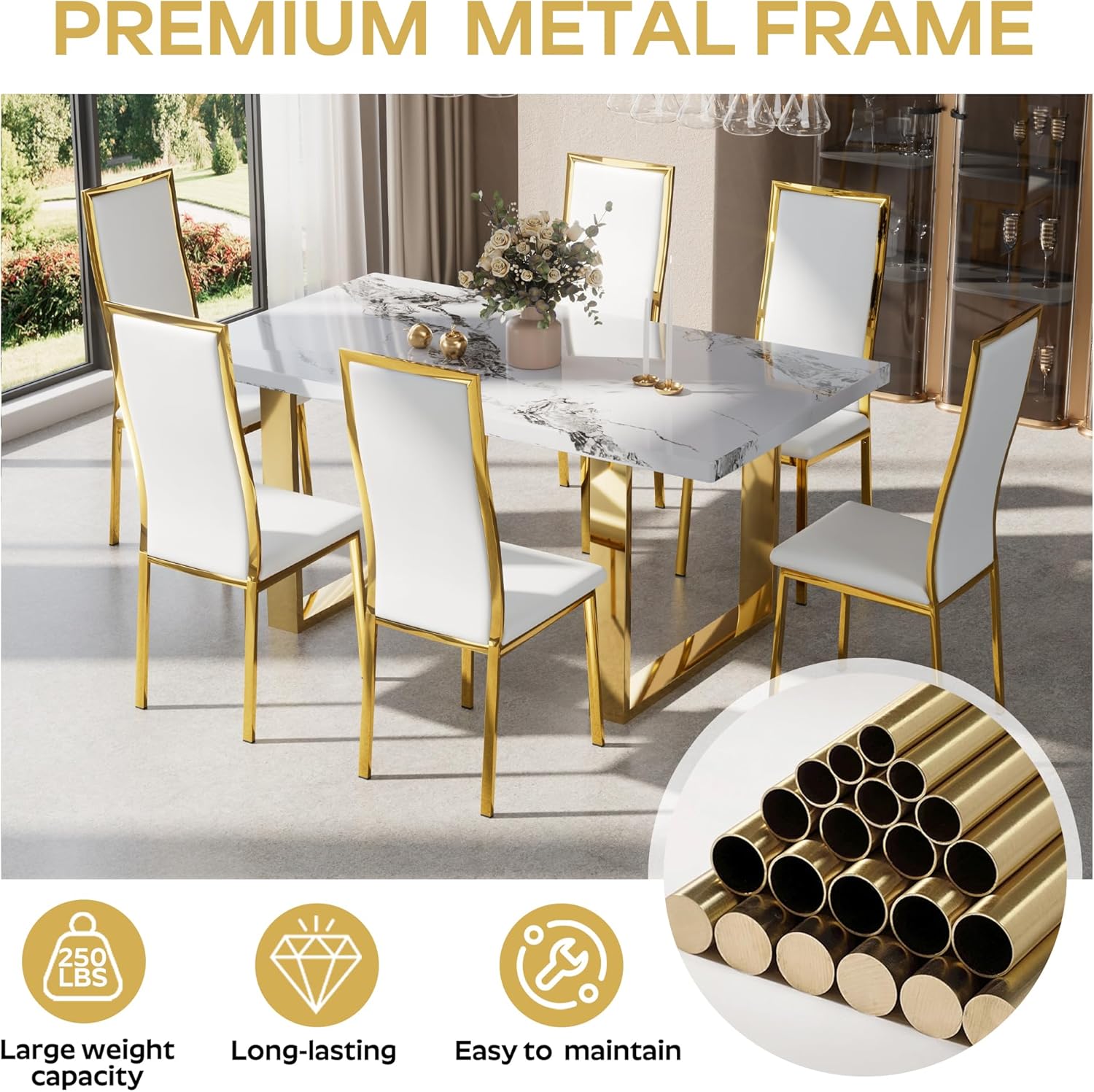 Modern Dining Chairs Set of 4 White Faux Leather with Chrome Gold Metal Legs, Curved High Back Design & Cloud Cushioning, Mid-Century Kitchen Chairs with Non-Slip Feet (Easy Assembly)