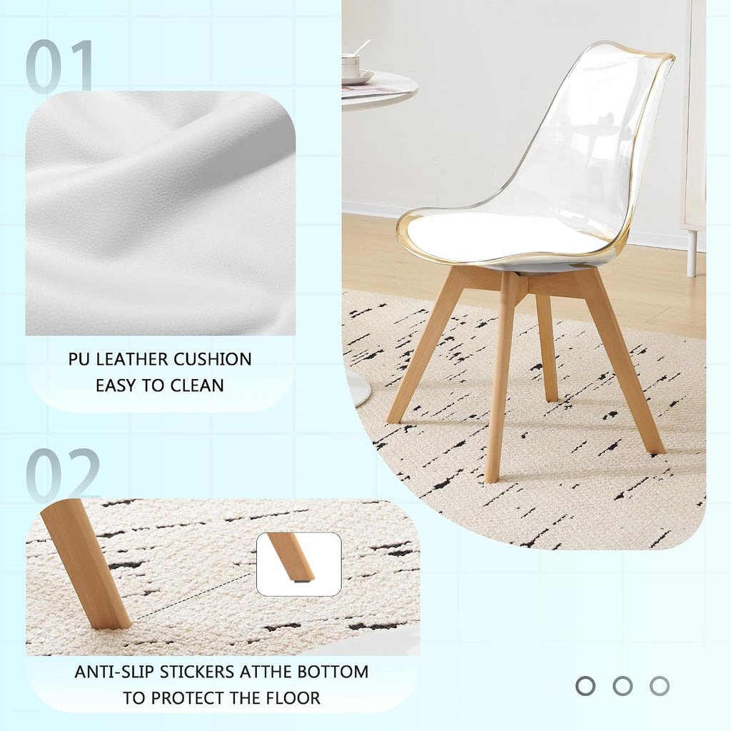 Dining Chairs Set of 4, Clear Acrylic Dining Chair Modern Transparent Chairs with PU Leather Cushions Seat & Wood Legs, Side Chairs for Dining Room Kitchen Restaurant Balcony (White)