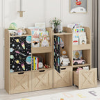 Befrases Kids Toy Storage Organizer with Blackboard, 3-in-1 Toy Organizers and Storage with Reading Nook, Wooden Toy Chest Storage with 2 Drawers and Hidden Wheels for Playroom Storage, Oak