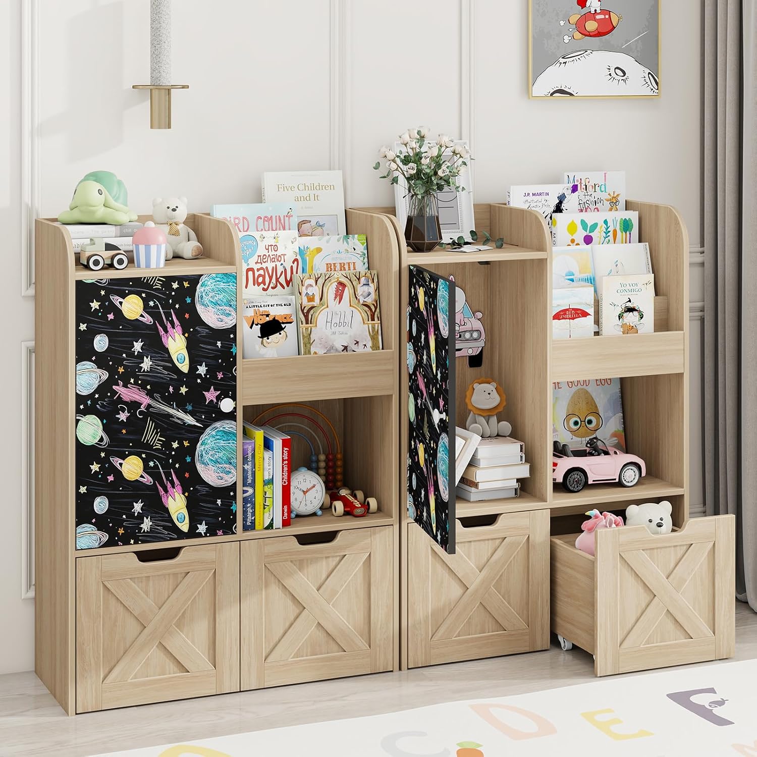 Befrases Kids Toy Storage Organizer with Blackboard, 3-in-1 Toy Organizers and Storage with Reading Nook, Wooden Toy Chest Storage with 2 Drawers and Hidden Wheels for Playroom Storage, Oak