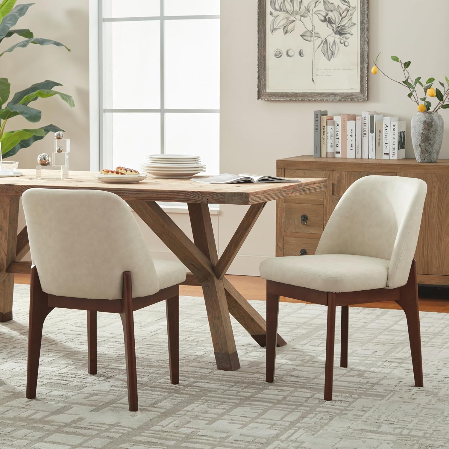 VKNOW Modern Dining Chairs Set of 2, Faux Leather Kitchen Chairs with Wood Legs, Upholstered Side Chair for Kitchen Dining Room, Beige