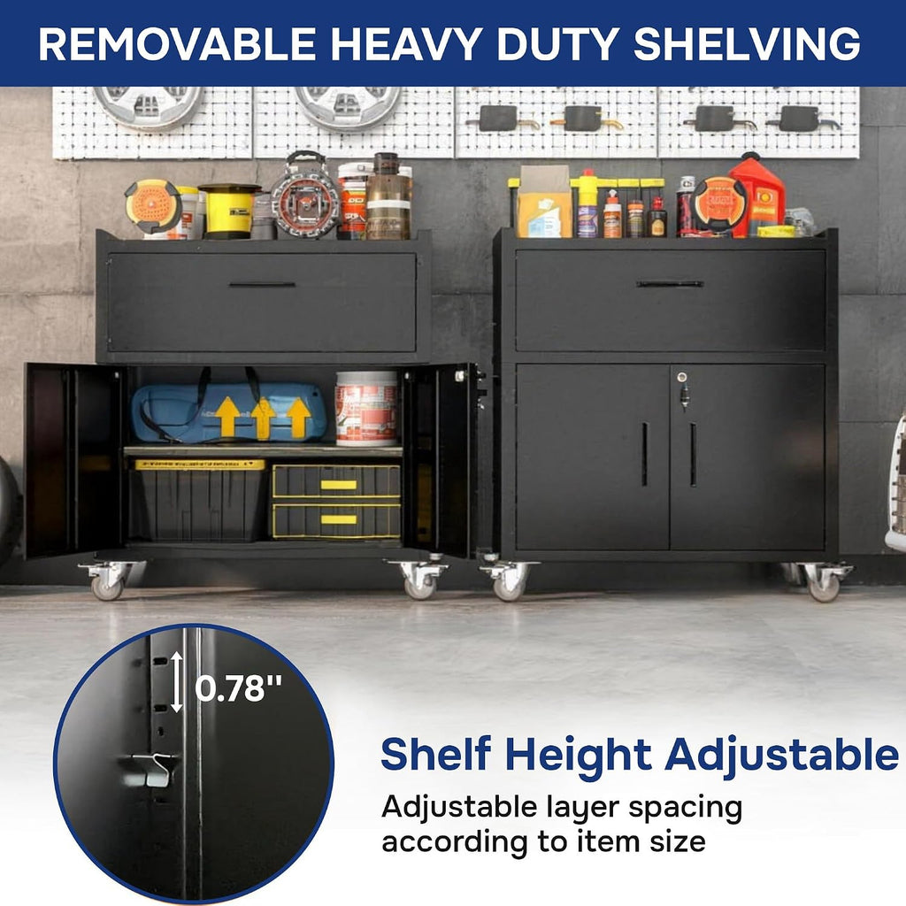 Metal Storage Cabinet with Wheels,Adjustable Shelves with Doors and Lock,Sturdy and Durable Heavy Duty Utility Storage Cabinet for Office/Kitchen/Garage/Pantry Organizer