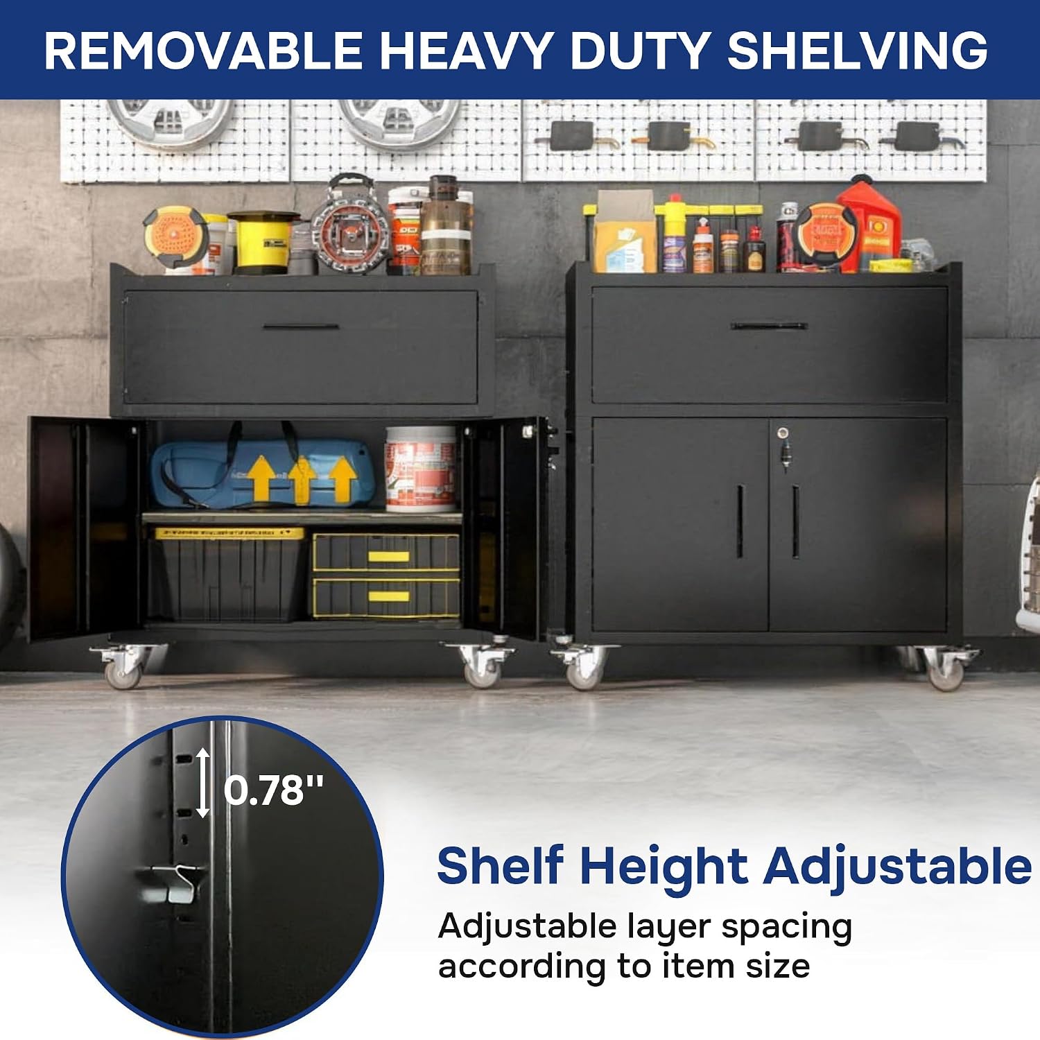 Metal Storage Cabinet with Wheels,Adjustable Shelves with Doors and Lock,Sturdy and Durable Heavy Duty Utility Storage Cabinet for Office/Kitchen/Garage/Pantry Organizer