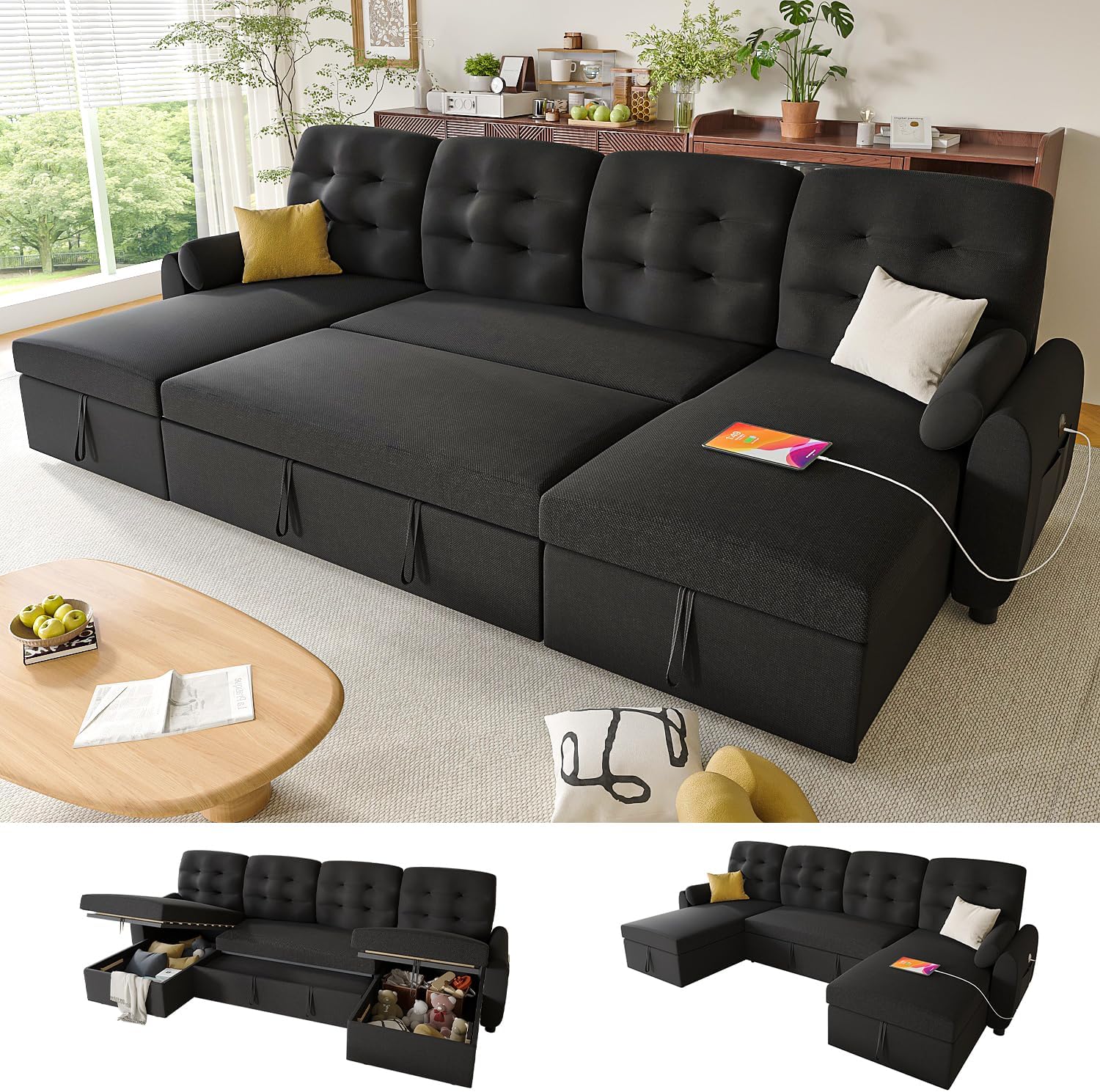 Ucloveria Sectional Sleeper Sofa Bed, 112" U-Shaped Sectional Couches for Living Room with Pull Out Bed, Oversize Couch Bed with Dual Reversible Storage Chaise | USB Charging | Side Pockets, Black