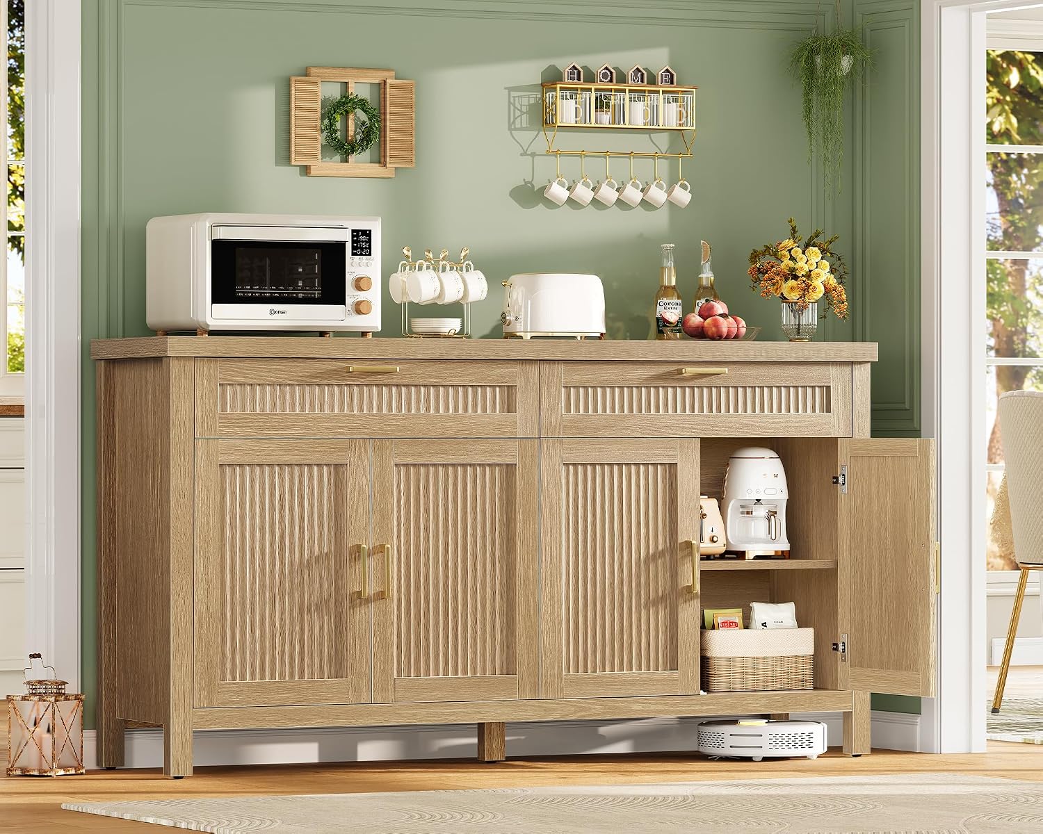usikey Buffet Cabinet with Storage, 63” W Fluted Sideboard Cabinet with 2 Drawers & Adjustable Shelves, Coffee Bar with 4 Doors, Natural