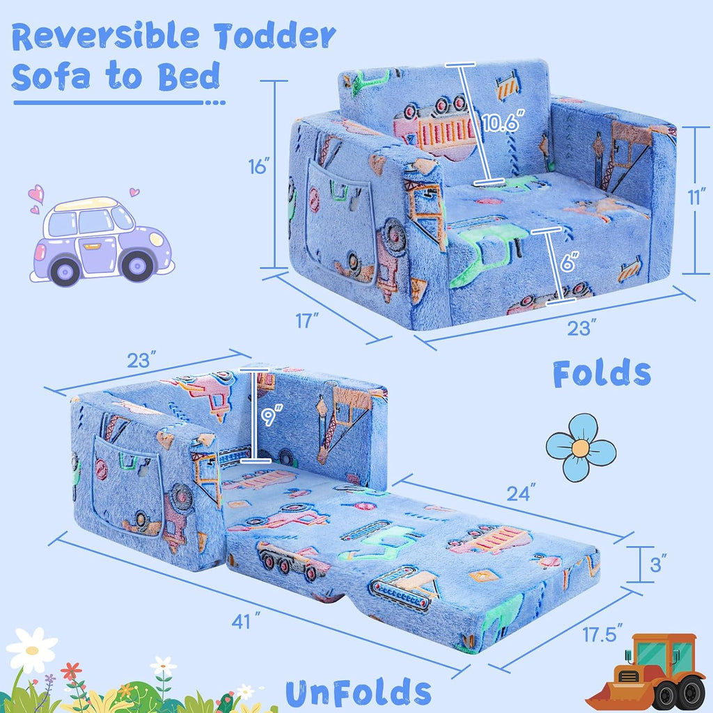 inhand Toddler Chair Comfy,2-in-1 Soft Toddler Couch Fold Out for Kids,Convertible Sofa to Lounger,Gift for Girls and Boys Birthday,Truck