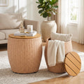 Wicker Side Table Set of 2, Round End Tables with Storage Basket, Multifunctional Barrel Side Tables for Living Room, Bedroom, Laundry