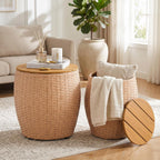 Wicker Side Table Set of 2, Round End Tables with Storage Basket, Multifunctional Barrel Side Tables for Living Room, Bedroom, Laundry