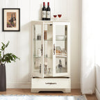 47" H Lighted Curio Cabinet Display Case, Glass Case with Adjustable Shelves,Tempered Glass Door and Drawer, Wooden Curio Cabinet with Mirrored Back Pane for Living Room (Antique White)
