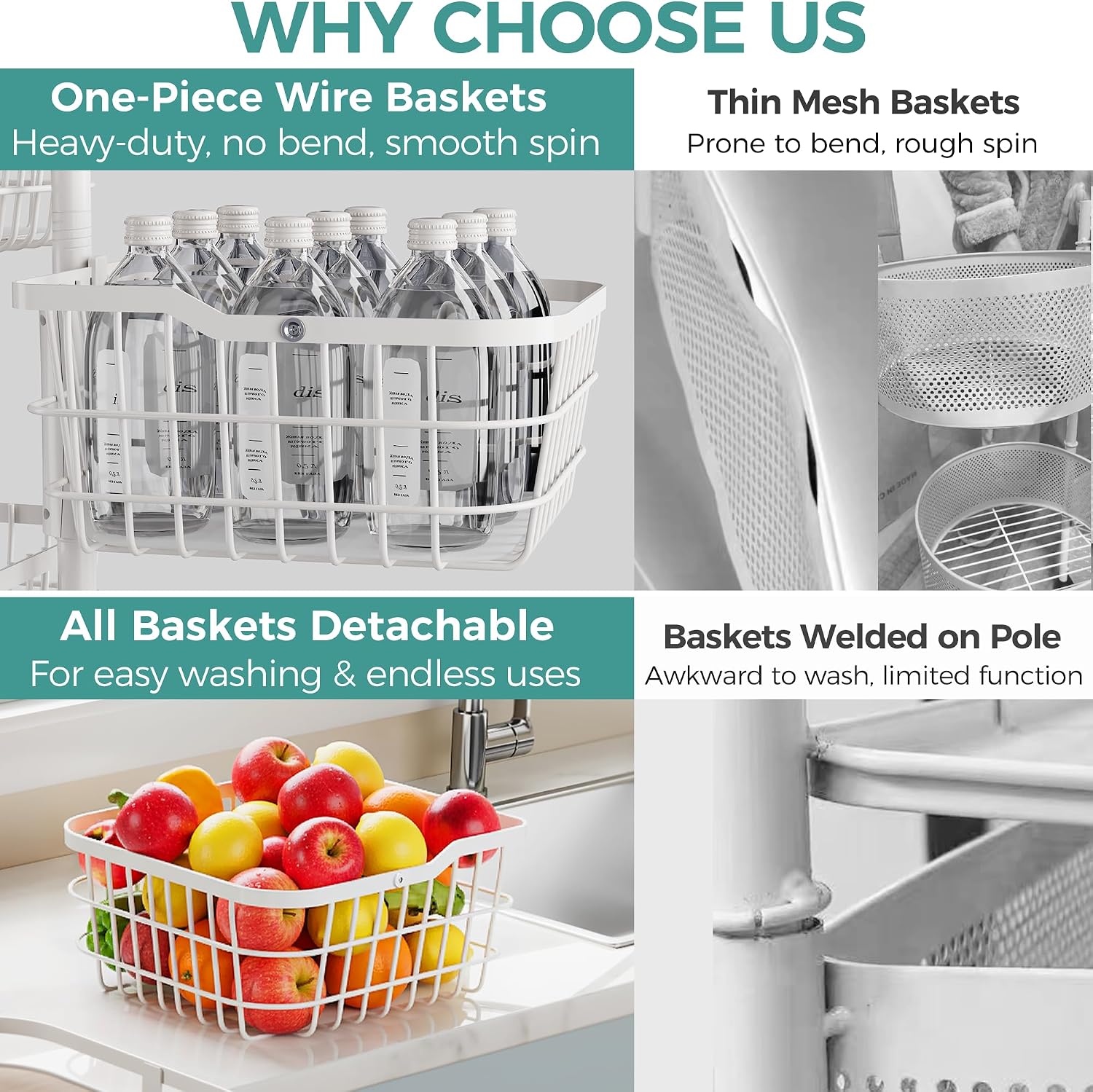 5 Tier Kitchen Fruit Vegetable Storage Cart with Rotating Basket, Rolling Rack Shelf Organizer Floor Stand on Wheel for Snack Spice Produce Veggie Onion Potato Bin, Vianderos Para Cocina, White
