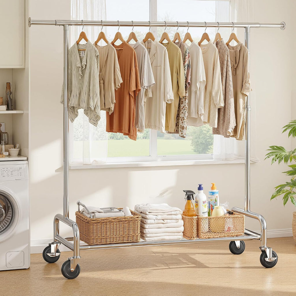 Raybee 76''W Clothes Rack, Heavy Duty Clothing Rack Load 450 LBS, Lockable Wheels & Adjustable Height, Garment Rack for Bedroom, Laundry Room, Closet