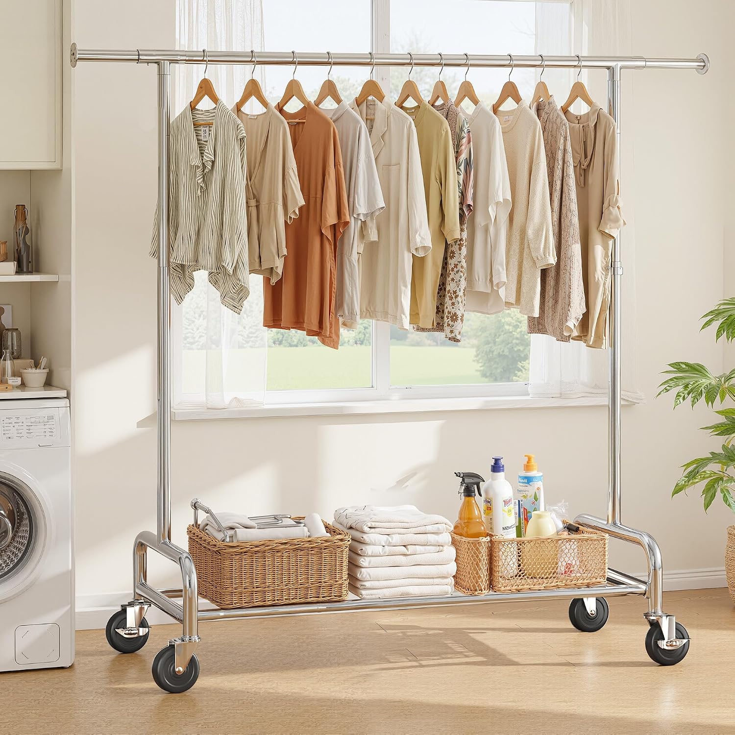 Raybee 76''W Clothes Rack, Heavy Duty Clothing Rack Load 450 LBS, Lockable Wheels & Adjustable Height, Garment Rack for Bedroom, Laundry Room, Closet