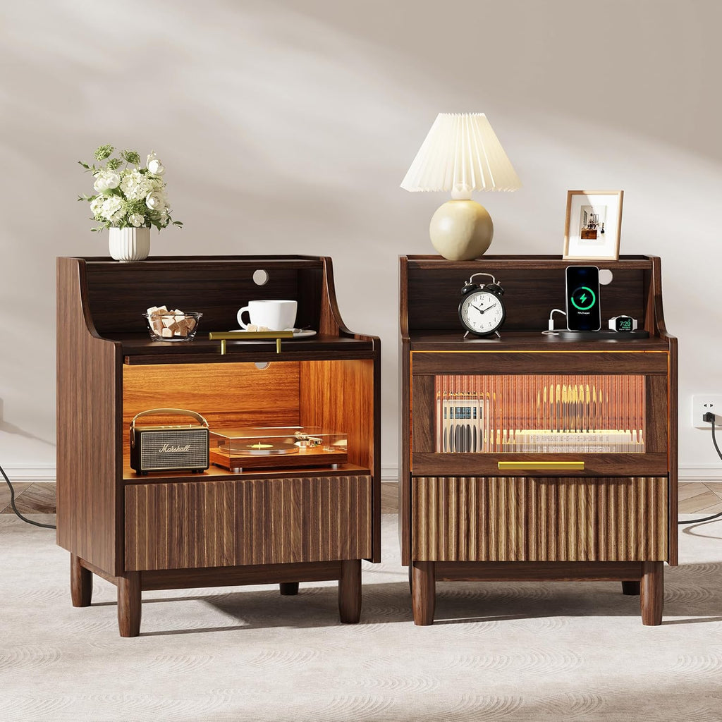 Einhomn Fluted Nightstand with Charging Station and Light, End Table with Drawer & Transparent Storage, Side Table for Bedroom, Narrow Bedside Table for Living Room Small Space, Walnut