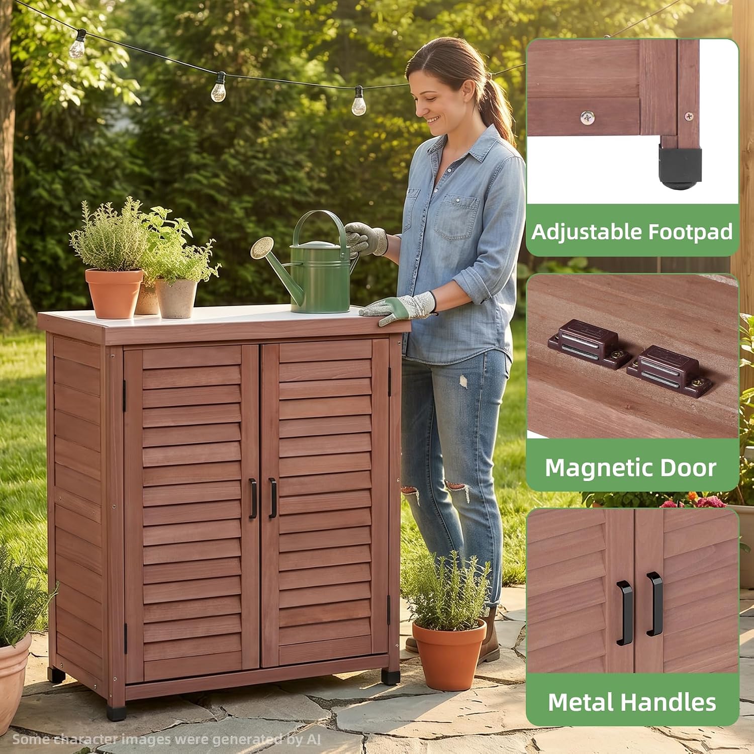 Potting Bench with Storage Cabinet and Metal Table Top for Outdoor Patio, Garden Furniture Wood Workstation (Dark Brown, 31x17x36‘’)