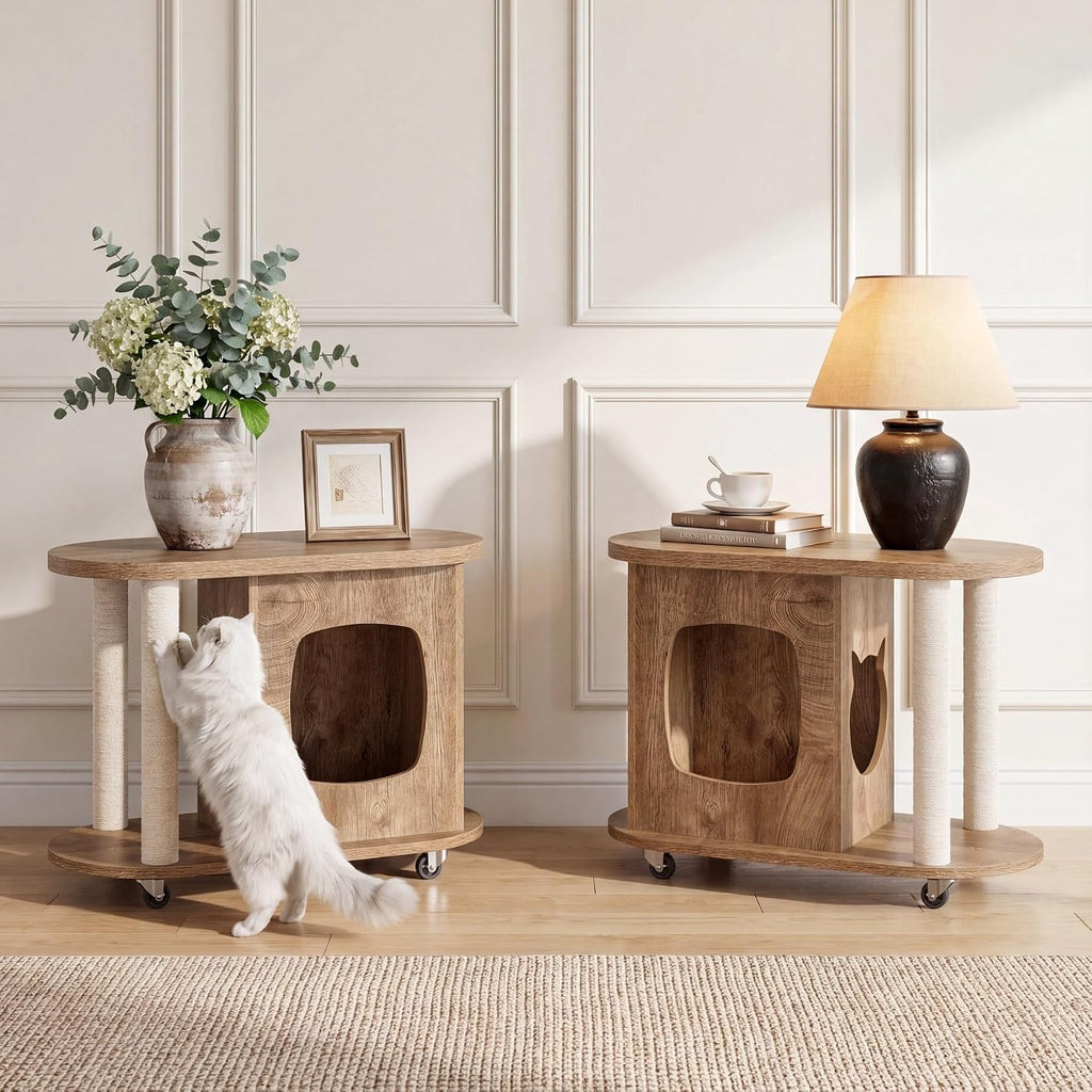 Tribesigns End Table, Sofa Side Table with Scratching Posts and Cat Bed | Oval, 360° Swivel Caster Wheels, Multifunctional Design, for Bedroom Living Room, White and Brown
