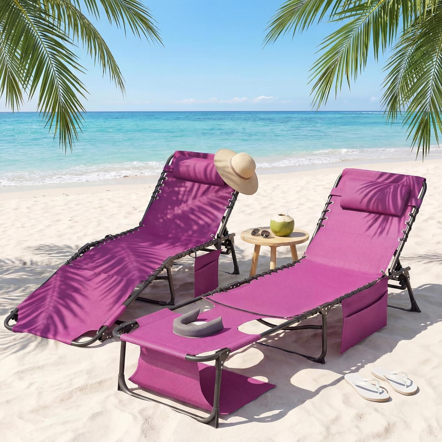 Flamaker Oversize Face Down Chaise Lounge Chair, 27 Inch WideFoldable Outdoor Patio Chair, 5-Position Adjustable Tanning Chairwith Face& Arm Holes for Sunbathing, Pool, Beach, Lawn (Pink, 1Pcs)