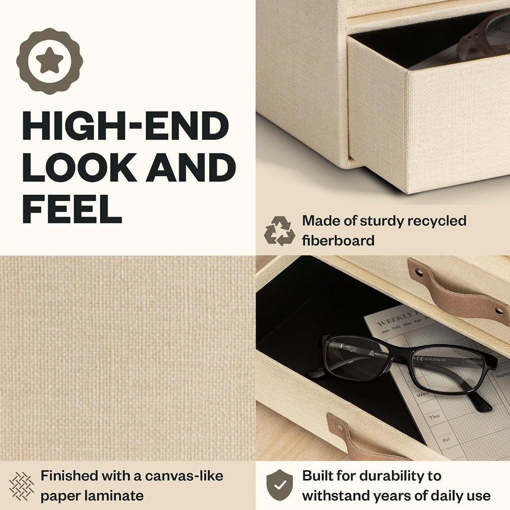 Bigso Birger 2 Drawers - Desktop Drawers for A4 and Letter Size Papers and Documents - Tabletop Drawers with Leather Handles - 13.1 in x 10 in x 5.7 in - Cream