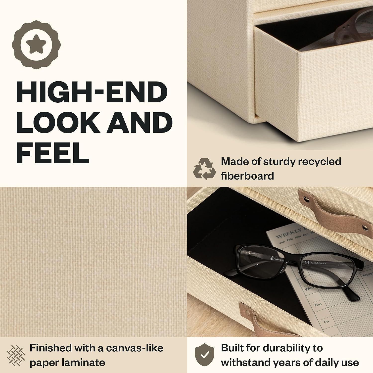 Bigso Birger 2 Drawers - Desktop Drawers for A4 and Letter Size Papers and Documents - Tabletop Drawers with Leather Handles - 13.1 in x 10 in x 5.7 in - Cream