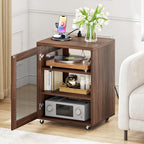 CHOEZON Media Cabinet with Charging Station, Stereo Cabinet with Wheels, Audio-Video Media Stand with Adjustable Shelves and Mesh Door, AV Rack for Living Room, Home Theater, Walnut MBZ23UHT