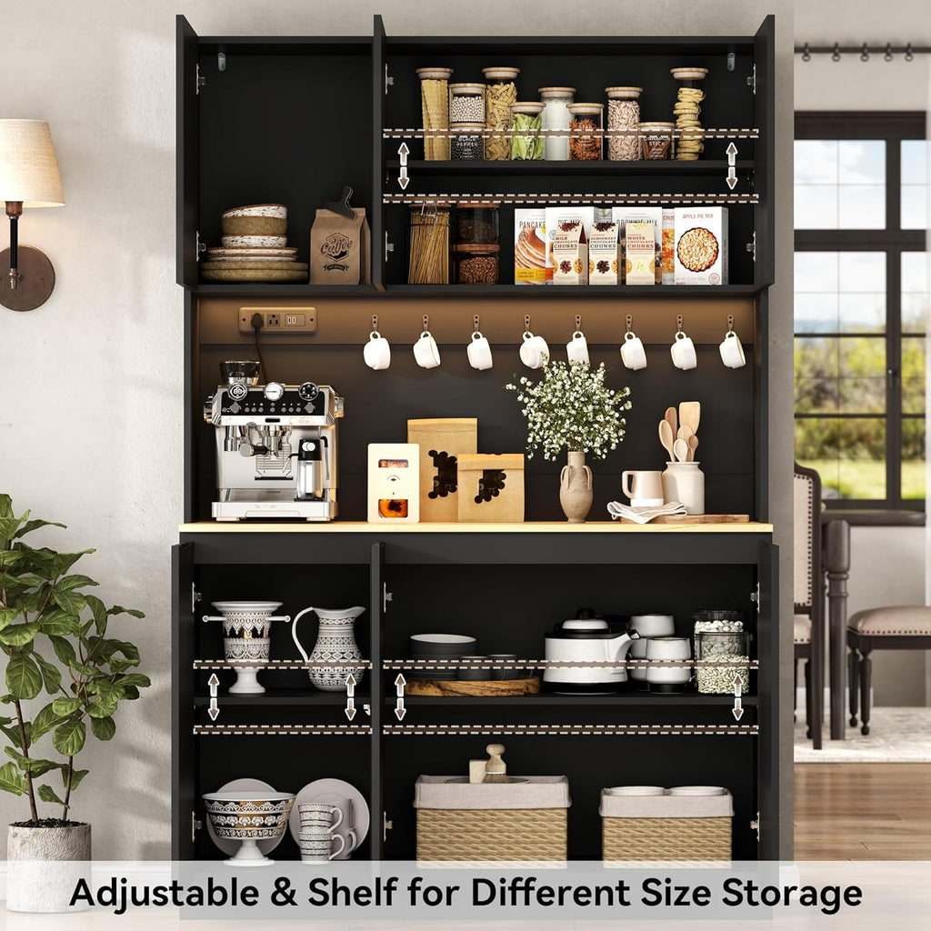 71" Black Kitchen Pantry with Power Outlet & LED Light, Large Kitchen Hutch Cabinet with Adjustable Shelf, Modern Buffet Cabinet with 6 Doors, Food Pantry Storage for Dining Room (Black 6 Doors)