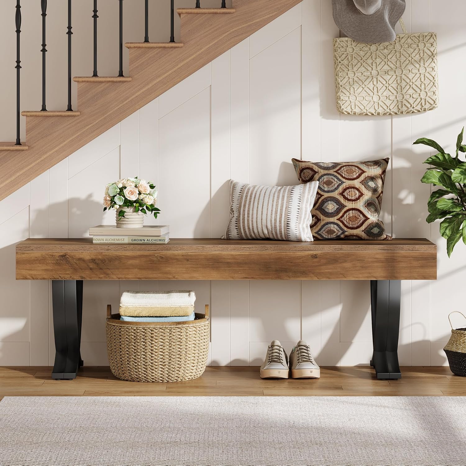 Tribesigns Entryway Shoe Bench, 55-Inch Wooden Shoe Bench with Metal X-Shaped Legs, Industrial Long End of Bed Stool with Seating for Bedroom, Living Room, Hallway, Porch