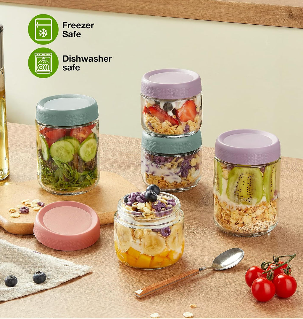 6 Pack Overnight Oats Containers with Lids, Wide Mouth Mason Salad jars 16oz, Glass Jar with Airtight Lids, Salad Meal Prep Jars for Food Storage, Overnight Oats Jars for Milk, Fruit