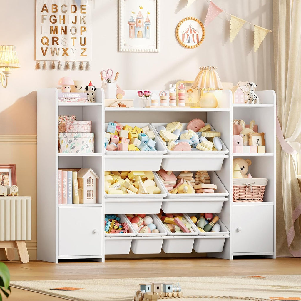 FOTOSOK Toy Storage Organizer with 8 Toy Bins, Toy Organizer Kids Bookshelf with 6 Storage Cubbies, Stuffed Animal Storage Organizer, Playroom Storage and Toy Chest, White