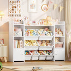 FOTOSOK Toy Storage Organizer with 8 Toy Bins, Toy Organizer Kids Bookshelf with 6 Storage Cubbies, Stuffed Animal Storage Organizer, Playroom Storage and Toy Chest, White