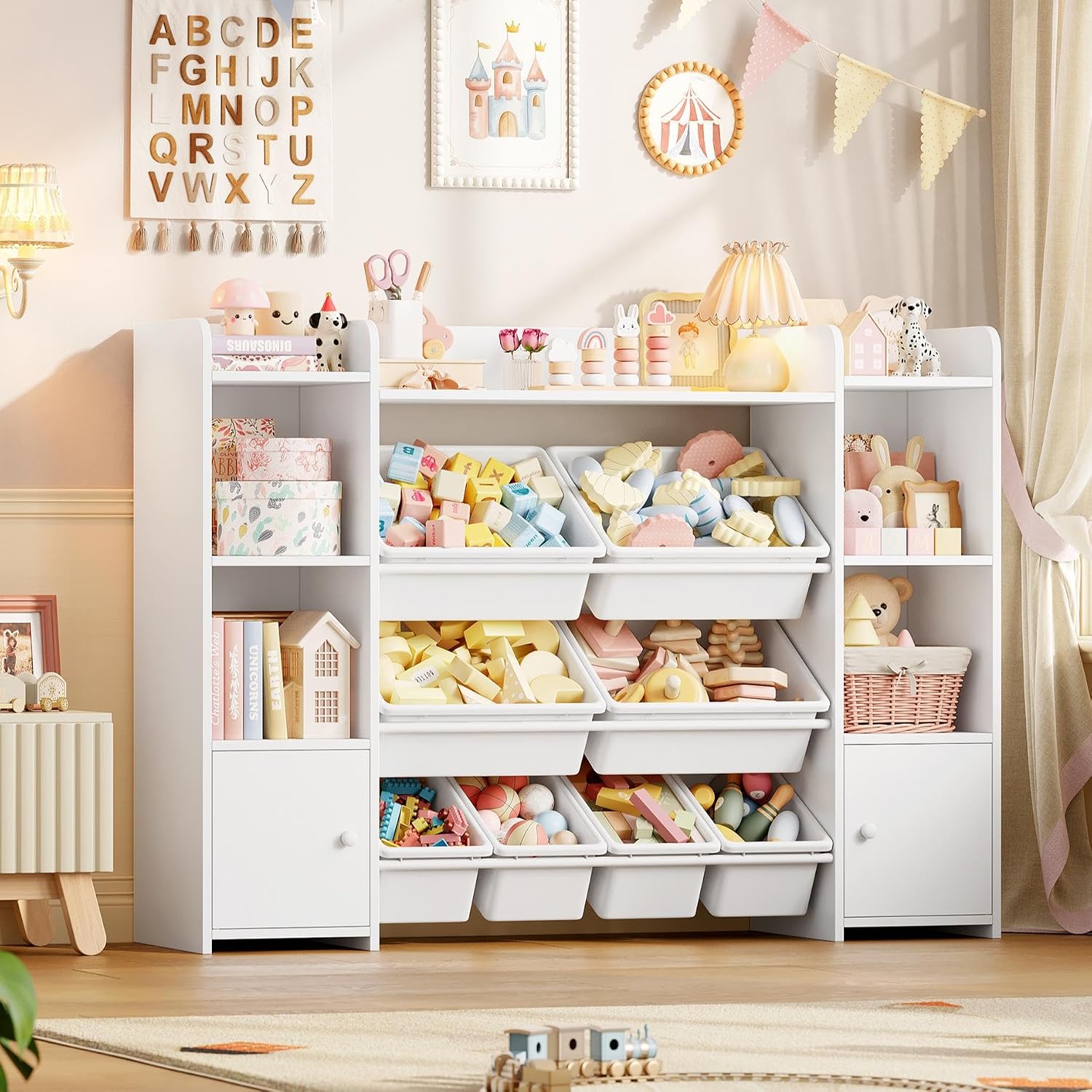FOTOSOK Toy Storage Organizer with 8 Toy Bins, Toy Organizer Kids Bookshelf with 6 Storage Cubbies, Stuffed Animal Storage Organizer, Playroom Storage and Toy Chest, White