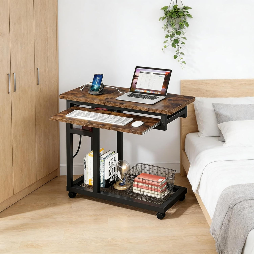 Side Table with Wheels, Mobile C Table,Narrow Desk,Convenient Charging Station