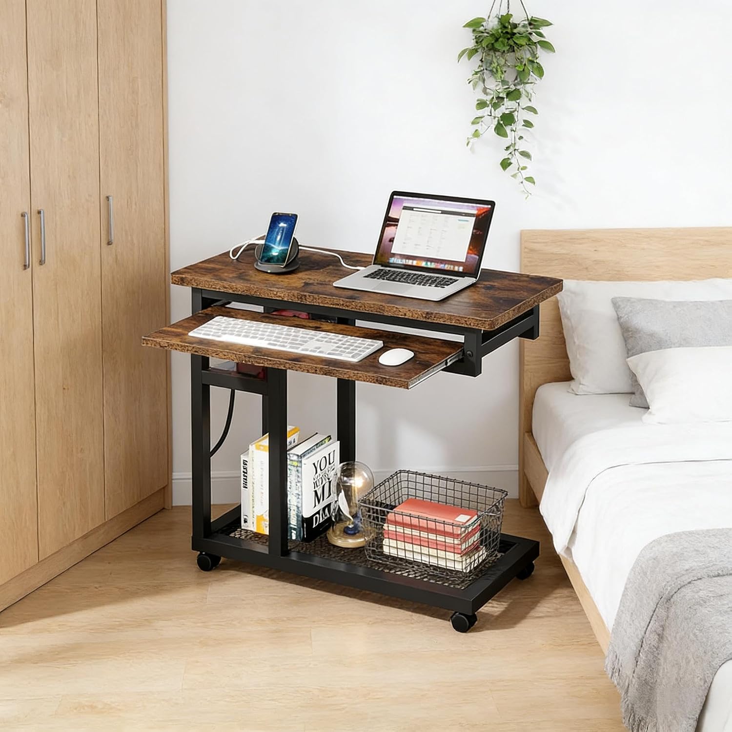 Side Table with Wheels, Mobile C Table,Narrow Desk,Convenient Charging Station