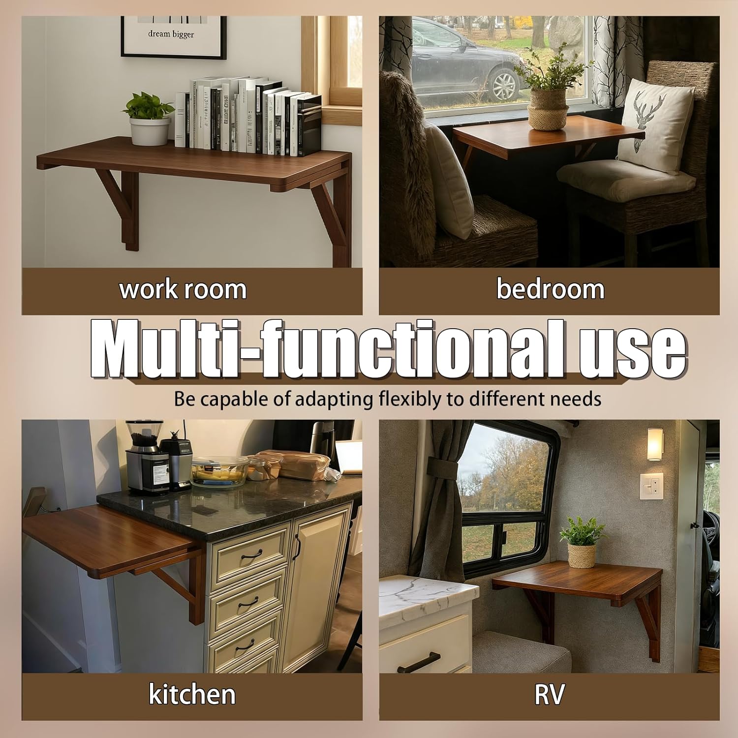 MM MELISEN Wall Desk - 24x16 Inch, Walnut Color Compact Desk for Laundry Room or Kitchen Area. Solid Wood fold-Down Surface for Daily tasks. Stores Flat When not in use